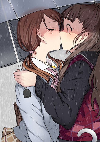 Anime picture 2540x3592 with idolmaster idolmaster cinderella girls houjou karen kamiya nao 80mph long hair tall image blush highres brown hair twintails multiple girls eyes closed profile low twintails shaded face rain shoujo ai kiss surprised