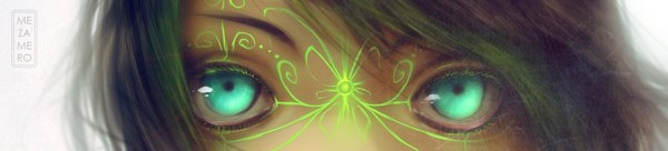 Anime picture 880x200 with original mezamero single wide image green eyes signed aqua eyes green hair tattoo face glow eyes