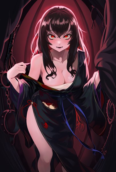 Anime picture 1890x2800 with original gemi ningen single long hair tall image looking at viewer blush fringe highres breasts open mouth light erotic black hair smile hair between eyes large breasts standing yellow eyes cleavage :d