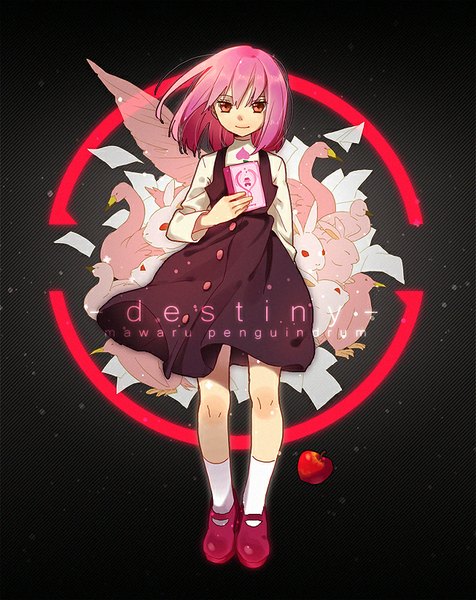 Anime picture 653x822 with mawaru penguindrum oginome momoka io (sinking=carousel) single tall image looking at viewer fringe short hair simple background smile pink hair pink eyes wind copyright name black background albino girl animal socks bird (birds)