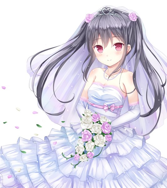 Anime picture 1333x1500 with original morerin single long hair tall image blush smile red eyes white background bare shoulders grey hair girl dress gloves flower (flowers) petals elbow gloves bouquet wedding dress strapless dress