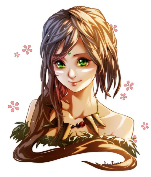 Anime picture 851x1000 with league of legends nidalee (league of legends) waterring single long hair tall image looking at viewer simple background smile brown hair white background bare shoulders green eyes girl