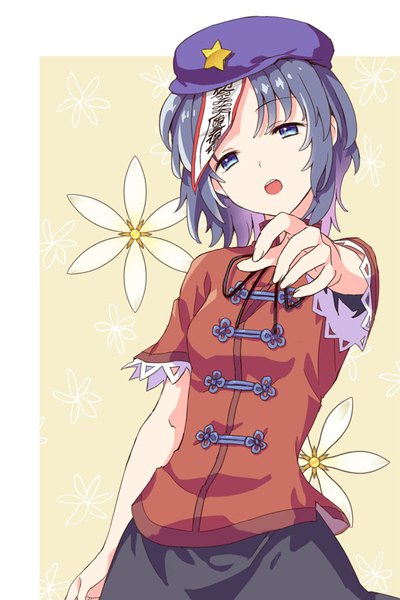 Anime picture 600x900 with touhou miyako yoshika akidzuki haruhi single tall image short hair open mouth blue eyes blue hair upper body head tilt outstretched arm floral background jpeg artifacts girl hat star (symbol) ofuda