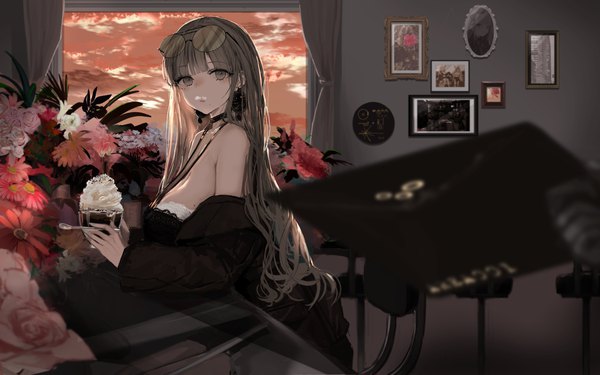 Anime picture 3052x1908 with original narue single long hair looking at viewer fringe highres breasts light erotic brown hair large breasts standing bare shoulders holding brown eyes sky cleavage cloud (clouds) upper body indoors