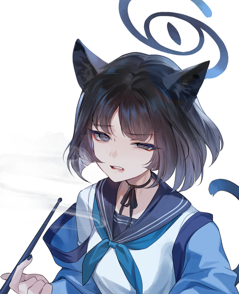 Anime picture 1463x1800 with blue archive kikyou (blue archive) hillly (maiwetea) single tall image looking at viewer short hair black hair simple background white background animal ears tail animal tail from above black eyes cat ears cat girl cat tail smoke smoking