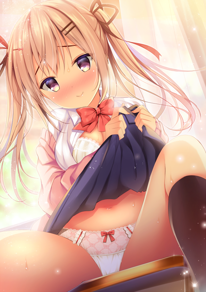 Anime picture 636x900 with original shibainu niki single long hair tall image looking at viewer blush fringe light erotic blonde hair smile sitting twintails purple eyes payot bent knee (knees) head tilt off shoulder sparkle sweat