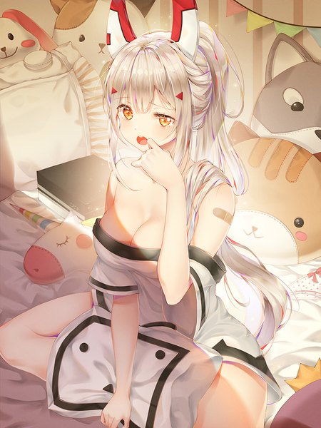 Anime picture 800x1067 with azur lane ayanami (azur lane) ayanami (niconico) (azur lane) mellozzo single long hair tall image blush fringe breasts open mouth light erotic hair between eyes sitting yellow eyes payot looking away cleavage silver hair ponytail