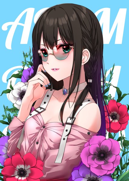 Anime picture 1288x1805 with idolmaster idolmaster cinderella girls shibuya rin maou (demonlord) single long hair tall image looking at viewer fringe breasts black hair simple background payot cleavage upper body braid (braids) nail polish parted lips aqua eyes off shoulder