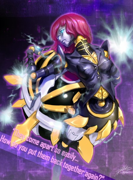 Anime picture 966x1300 with league of legends orianna (league of legends) phantom (ptcrow) single long hair tall image blue eyes looking away red hair lips mechanical girl ball robot