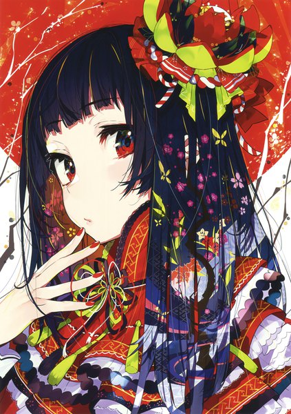 Anime picture 2115x3000 with original eshi 100-nin ten mika pikazo single long hair tall image looking at viewer blush fringe highres blue eyes black hair red eyes blunt bangs nail polish parted lips scan portrait multicolored eyes red nail polish