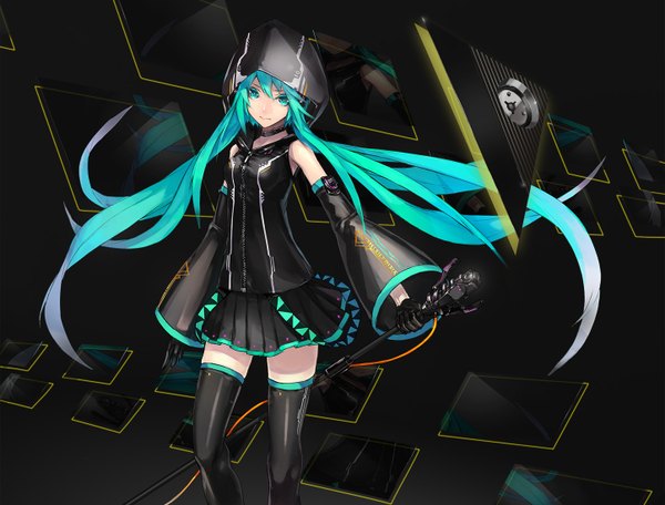 Anime picture 1445x1100 with vocaloid hatsune miku yucca-612 (neco) single long hair looking at viewer twintails aqua eyes aqua hair reflection girl gloves miniskirt choker black gloves headphones hood microphone speakers