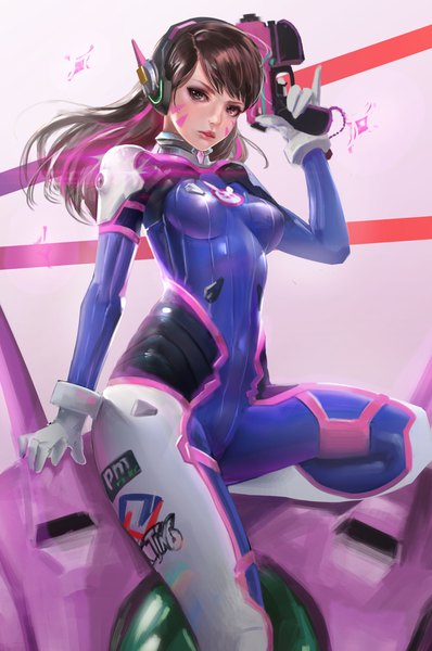 Anime picture 2600x3920 with overwatch blizzard entertainment d.va (overwatch) meka (overwatch) tian (56800940) single long hair tall image looking at viewer fringe highres breasts light erotic simple background brown hair sitting brown eyes bent knee (knees) parted lips arm up