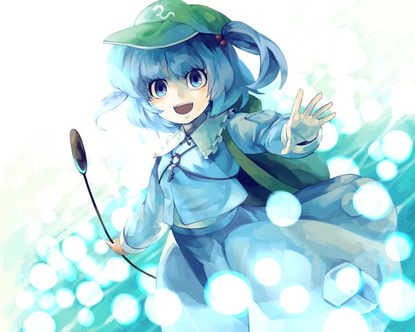 Anime picture 929x742 with touhou kawashiro nitori oburaato single looking at viewer fringe short hair open mouth blue eyes blue hair two side up outstretched arm girl skirt skirt set hair tie backpack flat cap hair bobbles key