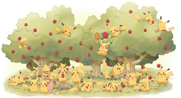 Anime picture 1057x572 with pokemon nintendo pikachu bae edges wide image one eye closed wink group multiple persona gen 1 pokemon flower (flowers) plant (plants) animal tree (trees) apple balloon pokemon (creature) stump