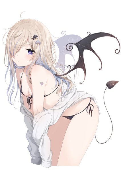 Anime picture 4299x6070 with original ruty (mafuyu) mafuyu (chibi21) single long hair tall image looking at viewer blush fringe highres breasts light erotic simple background blonde hair standing white background purple eyes bare shoulders absurdres cleavage
