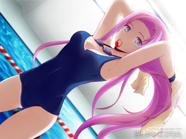 Anime picture 3072x2304 with euphoria (manga) murasaki ayame suihara single long hair looking at viewer highres breasts blue eyes light erotic standing signed pink hair absurdres indoors sunlight armpit (armpits) dutch angle depth of field copyright name