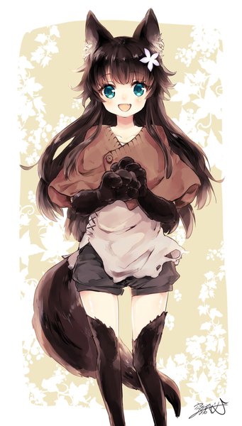 Anime picture 1166x2047 with original soramichi megumu single long hair tall image looking at viewer blush fringe open mouth black hair signed animal ears tail :d animal tail hair flower aqua eyes fang (fangs) girl thighhighs