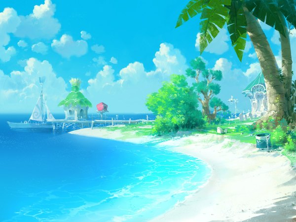 Anime picture 1250x938 with original paperblue sky cloud (clouds) beach landscape plant (plants) tree (trees) sea palm tree watercraft boat