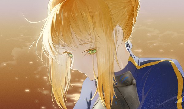 Anime picture 2961x1758 with fate (series) fate/stay night fate/zero artoria pendragon (all) saber rafaelaaa single highres short hair blonde hair wide image green eyes payot upper body hair bun (hair buns) looking down girl