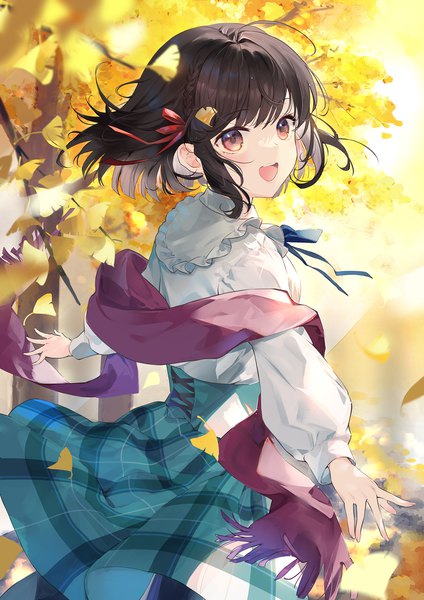 Anime picture 1500x2122 with original kita (kitairoha) single tall image short hair open mouth black hair red eyes looking away outdoors :d turning head plaid skirt spread arms autumn girl skirt plant (plants) tree (trees) scarf