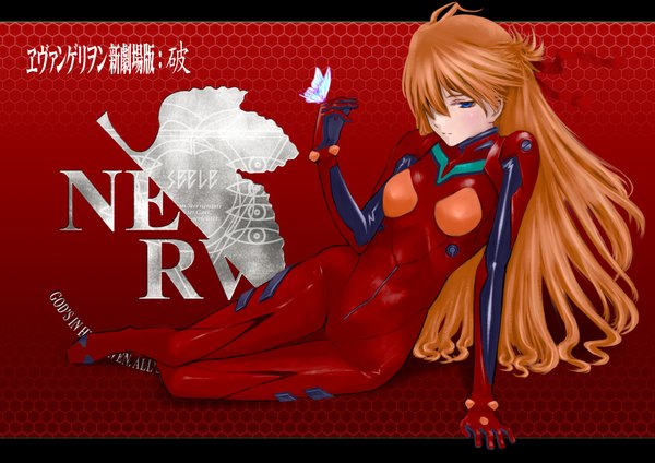 Anime picture 1920x1357 with neon genesis evangelion gainax soryu asuka langley kirigo (artist) single long hair blush fringe highres blue hair hair over one eye orange hair inscription arm support red background nerv girl insect butterfly pilot suit