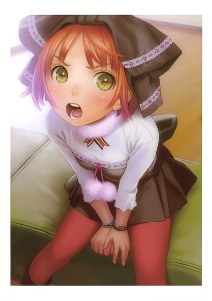 Anime picture 2867x4072 with original range murata single tall image looking at viewer highres short hair open mouth sitting green eyes red hair from above scan teeth border girl skirt bow hair bow pantyhose
