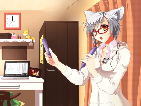 Anime picture 1600x1200 with bakemonogatari original shaft (studio) monogatari (series) ipod mini oshino shinobu taletale single blush short hair open mouth animal ears yellow eyes grey hair cat ears cat girl girl glasses clock room