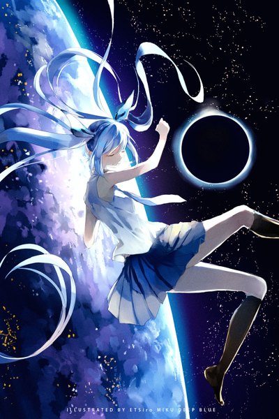 Anime picture 1080x1618 with vocaloid hatsune miku etsiro single long hair tall image twintails bare shoulders signed payot bent knee (knees) eyes closed pleated skirt light smile no shoes sleeveless floating hair space weightlessness eclipse