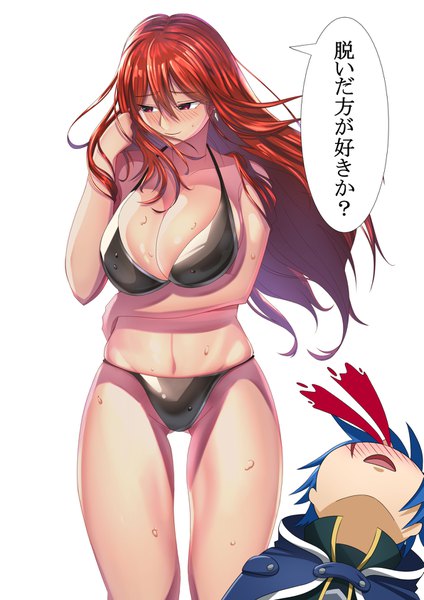 Anime picture 1191x1684 with fairy tail erza scarlet jellal fernandes shoma long hair tall image blush short hair breasts light erotic simple background red eyes large breasts standing white background bare shoulders blue hair red hair light smile sunlight