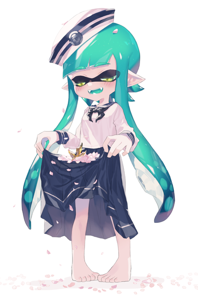 Anime picture 640x960 with splatoon splatoon 2 nintendo inkling amatcha single tall image blush open mouth simple background white background green eyes full body very long hair barefoot pointy ears aqua hair fang (fangs) cherry blossoms looking down