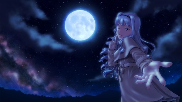 Anime picture 1920x1080 with idolmaster shijou takane ju go (toamariitutu) single long hair looking at viewer highres wide image sky cloud (clouds) white hair one eye closed pink eyes wink night moon coat