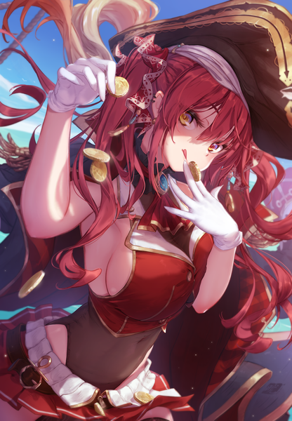 Anime picture 3749x5401 with virtual youtuber hololive houshou marine houshou marine (1st costume) mitsu (mitsu art) single long hair tall image looking at viewer blush fringe highres breasts light erotic hair between eyes red eyes large breasts twintails holding yellow eyes