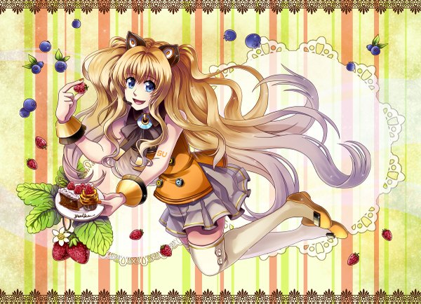 Anime picture 1200x869 with vocaloid seeu single long hair blue eyes blonde hair wavy hair girl thighhighs white thighhighs food sweets fruit berry (berries) cake strawberry
