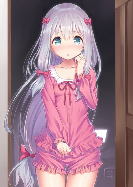 Anime picture 627x885 with eromanga sensei a-1 pictures izumi sagiri yasuyuki single tall image looking at viewer blush fringe open mouth hair between eyes silver hair indoors very long hair parted lips aqua eyes :o thighs low ponytail girl