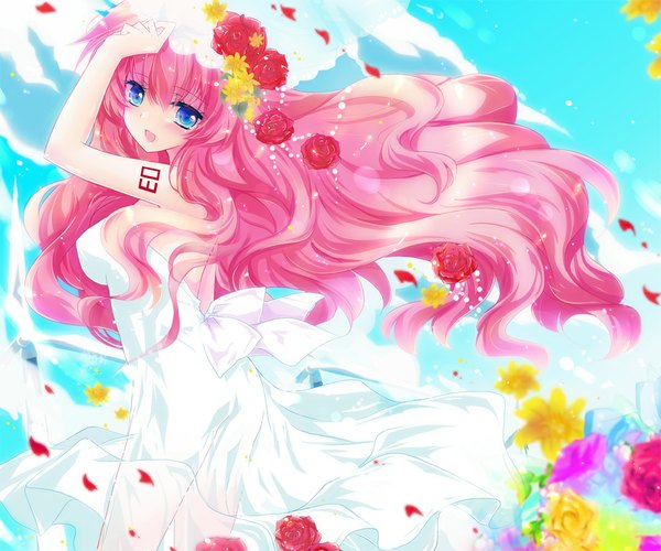 Anime picture 1080x900 with vocaloid megurine luka ichiyou moka single long hair blush open mouth blue eyes smile bare shoulders pink hair tattoo girl dress flower (flowers) bow white dress rose (roses) red rose wedding dress