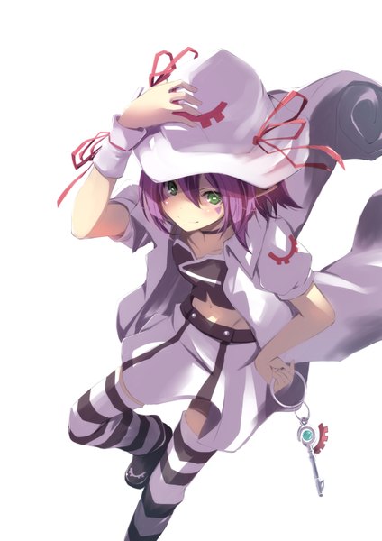 Anime picture 1157x1637 with yumekui merry merry nightmare jijii48 single tall image looking at viewer short hair simple background white background green eyes purple hair light smile hand on hip hand on head girl thighhighs skirt navel hat miniskirt