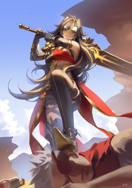 Anime picture 2348x3348 with genshin impact dehya (genshin impact) anier long hair tall image looking at viewer fringe highres blue eyes light erotic black hair hair between eyes holding animal ears sky cloud (clouds) outdoors parted lips head tilt multicolored hair