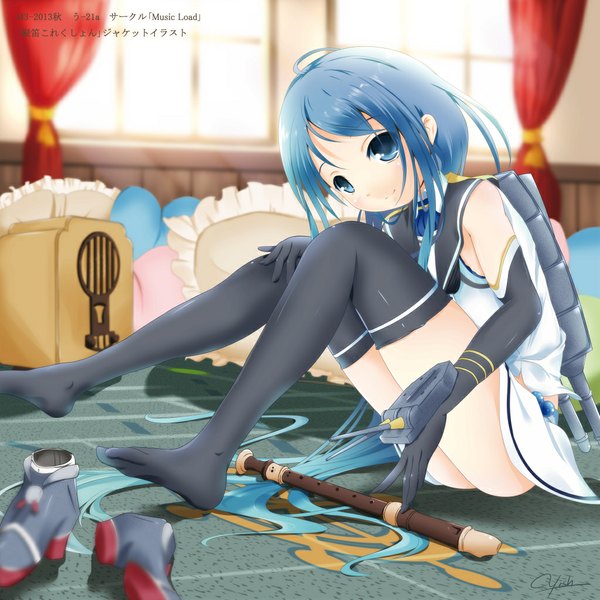 Anime picture 1024x1024 with kantai collection samidare destroyer waisshu (sougyokyuu) yyish single long hair looking at viewer blue eyes light erotic bare shoulders blue hair girl thighhighs dress gloves black thighhighs elbow gloves shoes pillow musical instrument