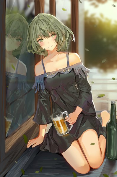 Anime-Bild 700x1061 mit idolmaster idolmaster cinderella girls takagaki kaede lloule single tall image blush fringe short hair breasts smile hair between eyes sitting bare shoulders holding green eyes outdoors long sleeves barefoot green hair