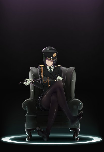 Anime picture 1450x2104 with original hitsuji shi (artist) single tall image looking at viewer short hair simple background sitting purple eyes holding barefoot green hair shadow crossed legs black background girl gloves uniform pantyhose necktie