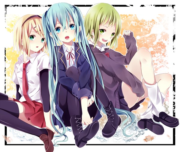 Anime picture 1179x1000 with vocaloid hatsune miku kagamine rin gumi kouko long hair short hair open mouth blonde hair sitting twintails multiple girls green eyes aqua eyes green hair aqua hair girl thighhighs skirt hair ornament