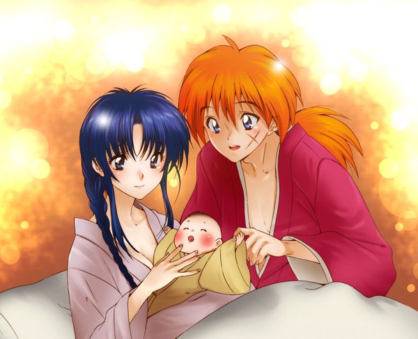 Anime picture 1600x1300 with rurouni kenshin himura kenshin kamiya kaoru himura kenji yukimitsuki long hair blush blue eyes smile blue hair ponytail braid (braids) eyes closed traditional clothes japanese clothes orange hair single braid scar family girl