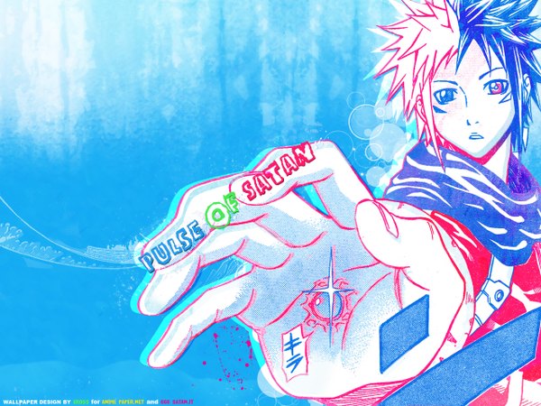 Anime picture 1280x960 with 666 satan jio freed short hair blue eyes simple background blonde hair red eyes blue hair multicolored hair inscription boy scarf hands