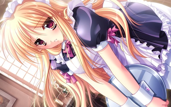 Anime picture 1024x640 with sora wo aogite kumo takaku mint (sora wo aogite kumo takaku) long hair blonde hair red eyes wide image game cg maid waitress girl