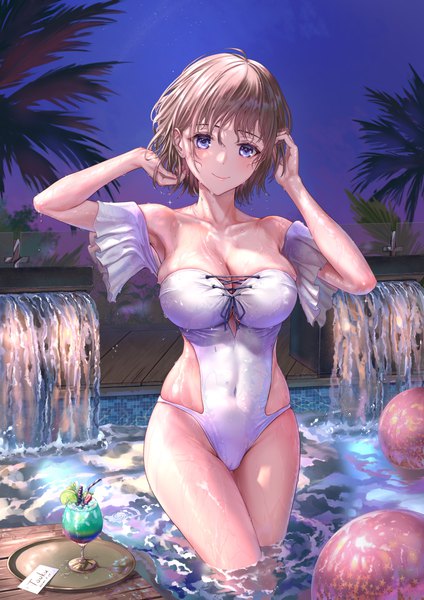 Anime picture 2605x3684 with original tooku0 single tall image looking at viewer blush fringe highres short hair breasts blue eyes light erotic smile hair between eyes brown hair large breasts standing signed cleavage outdoors