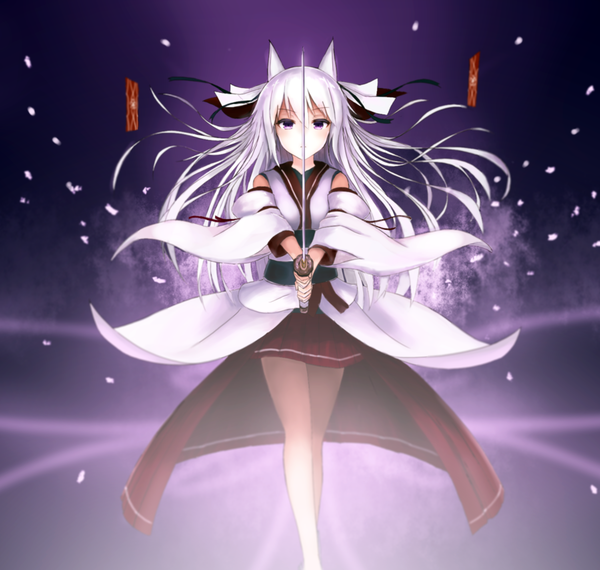 Anime picture 1500x1425 with original guo582 single long hair tall image looking at viewer blush fringe hair between eyes standing white background purple eyes holding animal ears payot white hair traditional clothes japanese clothes pleated skirt wide sleeves