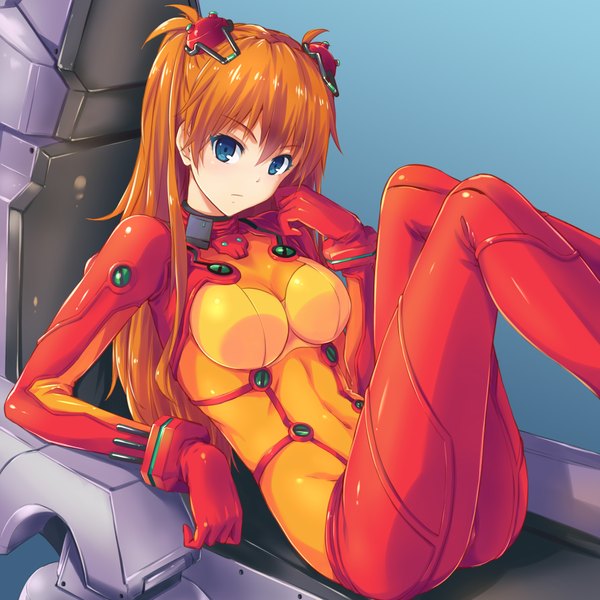 Anime picture 2176x2176 with neon genesis evangelion gainax soryu asuka langley shikinami asuka langley fish.boy single long hair looking at viewer highres breasts blue eyes light erotic orange hair girl gloves hair ornament bodysuit