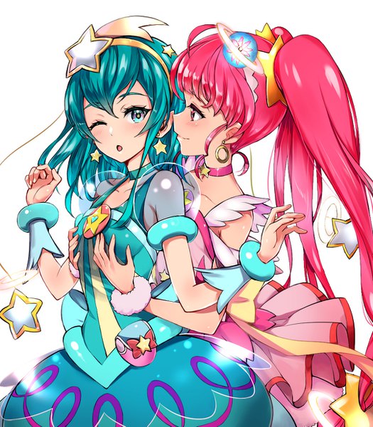 Anime picture 1080x1233 with precure star twinkle precure toei animation hagoromo lala cure milky hoshina hikaru cure star pukara long hair tall image blush fringe breasts open mouth light erotic simple background smile hair between eyes standing white background