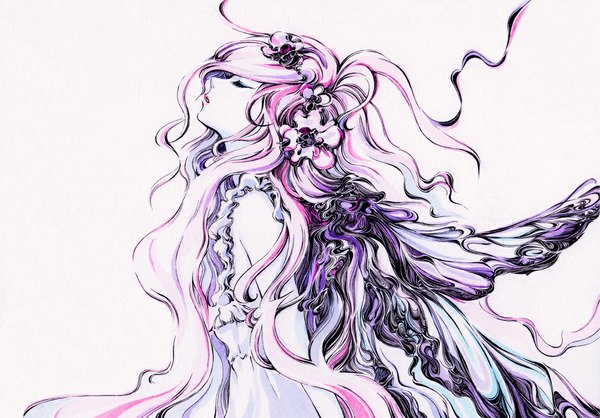 Аниме картинка 1000x698 с оригинальное изображение charmal (pixiv) один (одна) длинные волосы простой фон голые плечи розовые волосы закрытые глаза профиль цветок в волосах волнистые волосы розовый фон девушка платье украшения для волос крылья