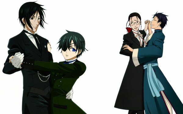 Anime picture 1920x1200 with kuroshitsuji a-1 pictures sebastian michaelis ciel phantomhive grell sutcliff lau highres wide image white background dancing victorian boy eyepatch